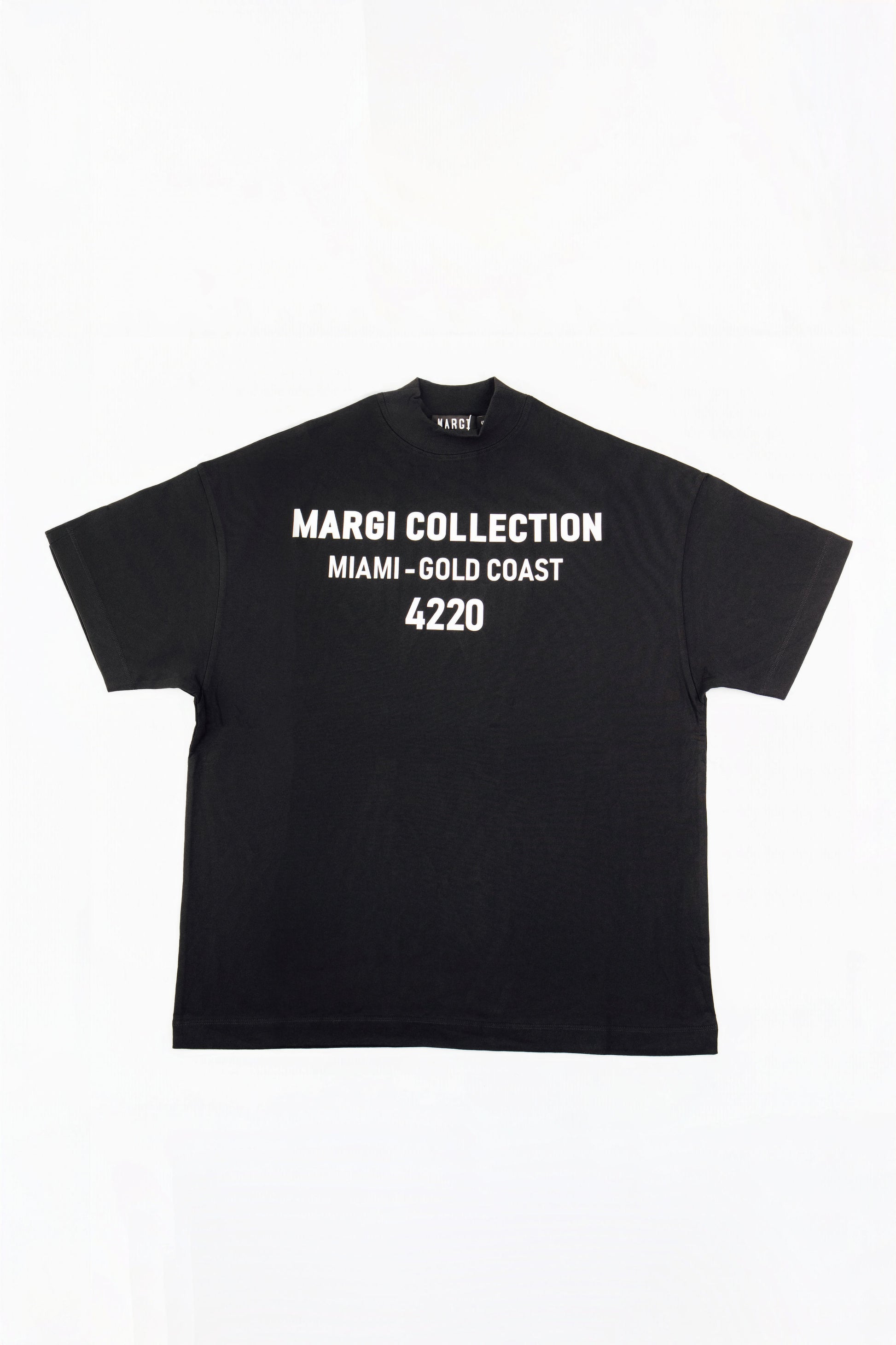 A black short-sleeve t-shirt with white text reading 'MARGI COLLECTION', 'MIAMI - GOLD COAST', and '4220' on the front, displayed flat against a white background.