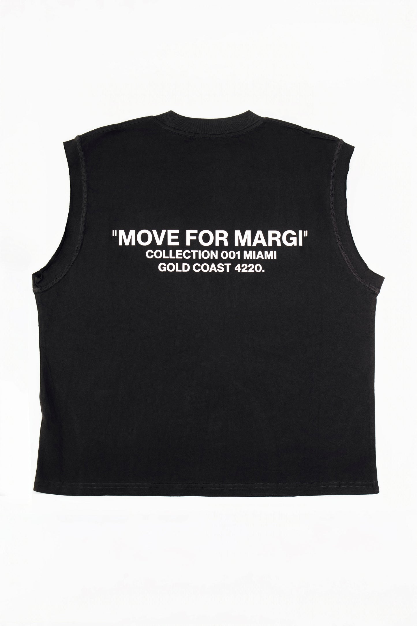 Black sleeveless crop top shown from the back, featuring white printed text that reads: 'MOVE FOR MARGI' COLLECTION 001 MIAMI GOLD COAST 4620.