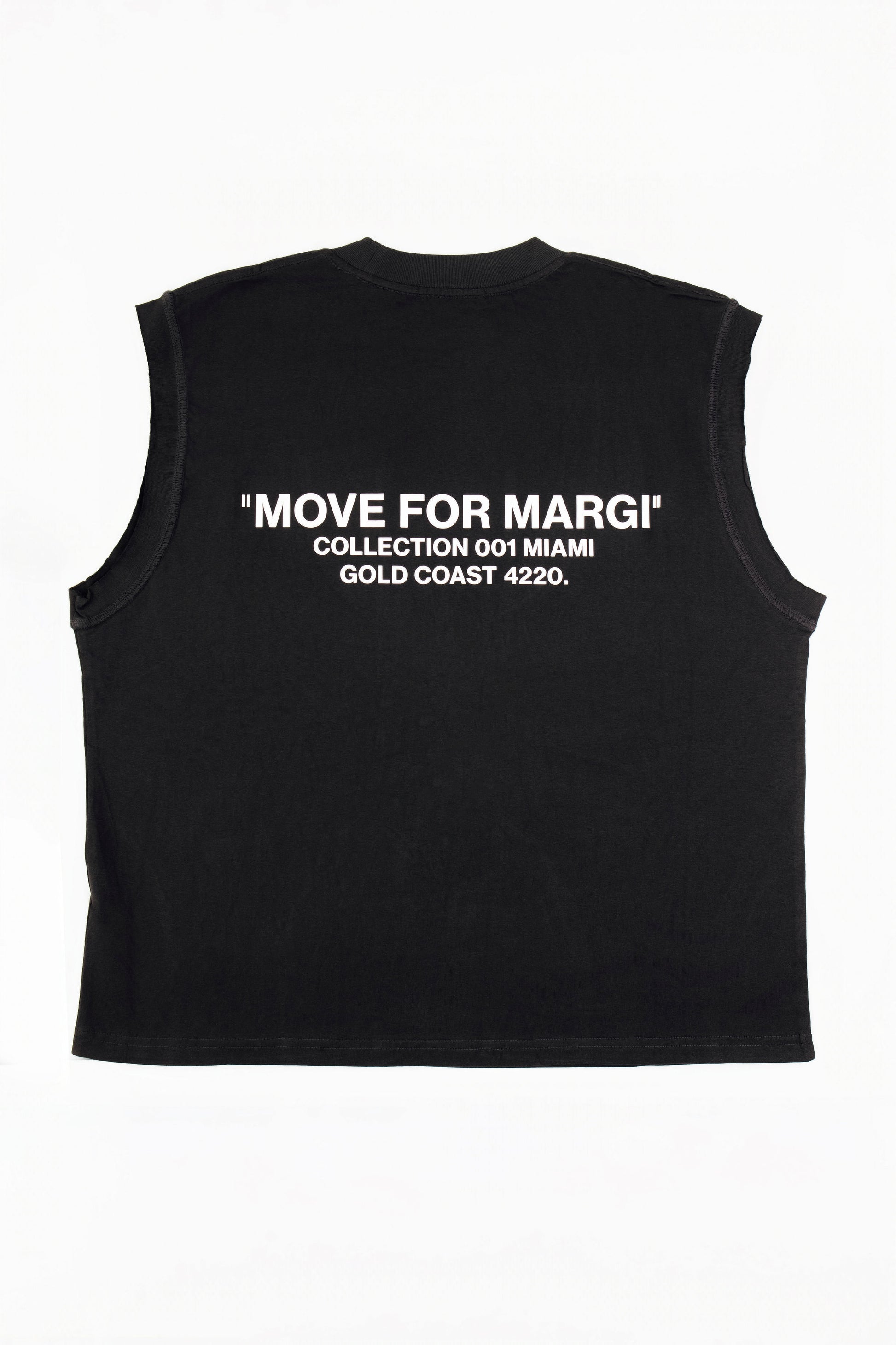 Black sleeveless crop top shown from the back, featuring white printed text that reads: 'MOVE FOR MARGI' COLLECTION 001 MIAMI GOLD COAST 4620.