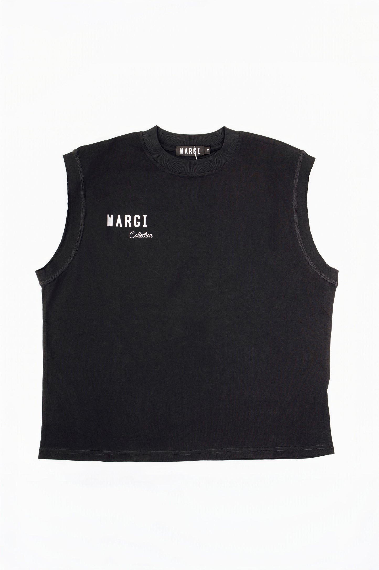 A black ribbed sleeveless crop top with a crew neck, featuring the white 'MARGI' logo printed on the left chest, displayed flat against a white background.